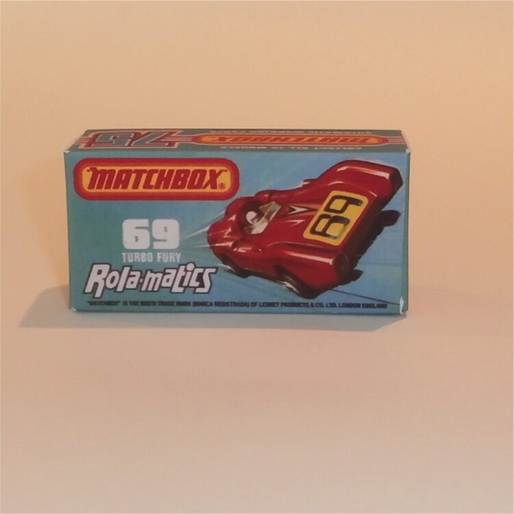 Matchbox Lesney Superfast 69 d Turbo Fury Rola-matics J Style Repro Box