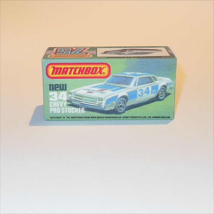 Matchbox Lesney Superfast 34 g Chevy Pro Stocker K Style Repro Box