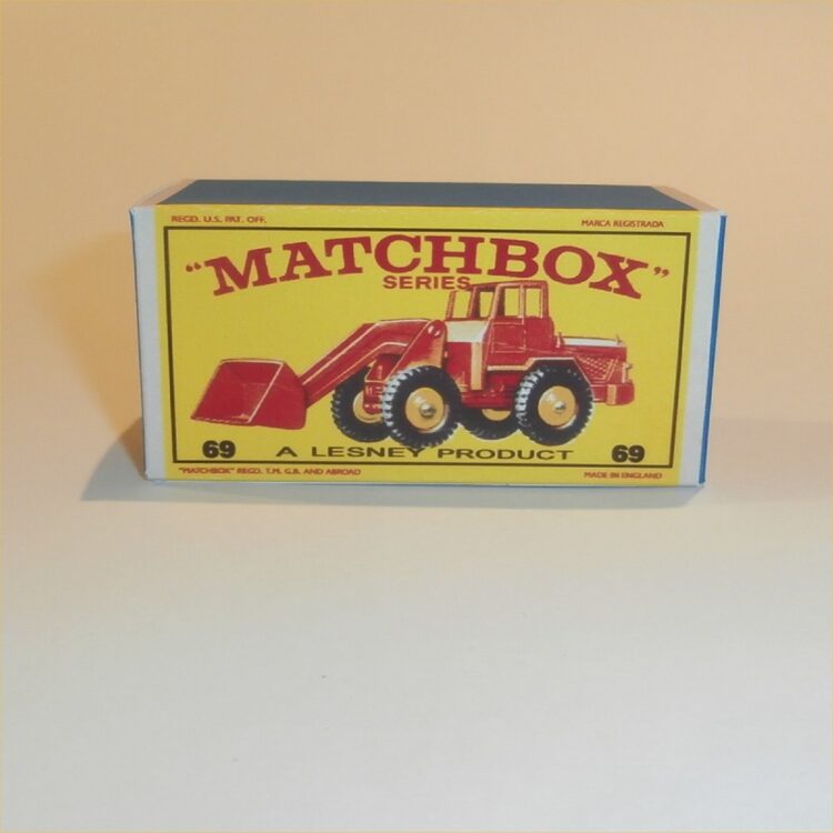 Matchbox Lesney 69 b3 Hatra Tractor Shovel Orange Yellow Hubs E Style Repro Box