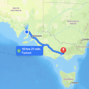 Map of south-east Australia showing the state of Victoria and parts of New South Wales and South Australia. The track line is from Croydon in Victoria to Moonta in South Australia. A distance of approx 930km (578miles).