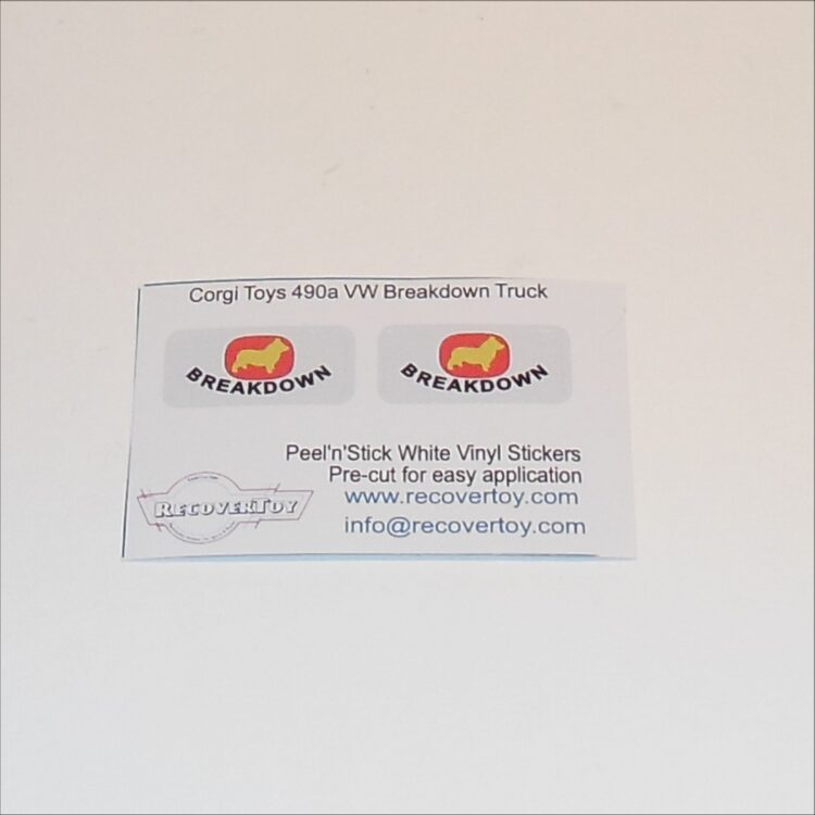 Corgi Toys 490b Volkswagen VW Breakdown Recovery Tow Truck Stickers