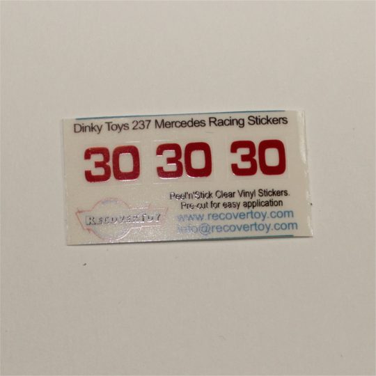 Dinky Toys 237 Mercedes Racing RN#30 Pre-cut Self-Adhesive Stickers