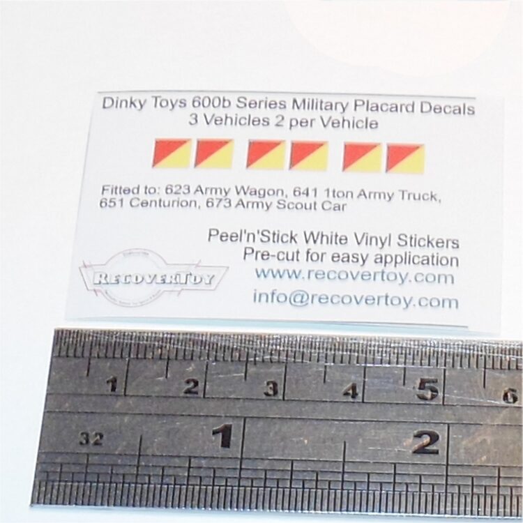 Dinky Toys 600 Series Military Placard Stickers Red Yellow Diagonal