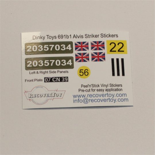 Dinky Toys 691b Alvis Striker Anti-Tank Vehicle Sticker Set