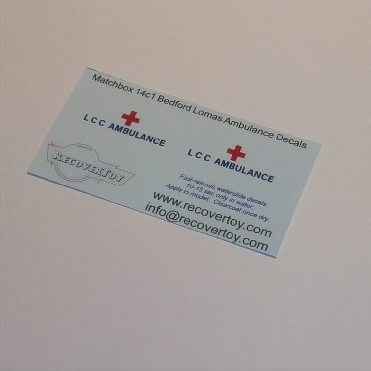 Matchbox Lesney 14 c1 Bedford Lomas LCC Ambulance Sticker Set