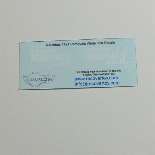 Matchbox Lesney 17a1 Removals Van White Text Pre-cut Decal Set