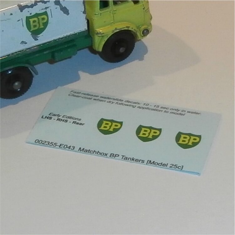 Matchbox Lesney 25c Bedford Tanker Early BP Shield Decal Set