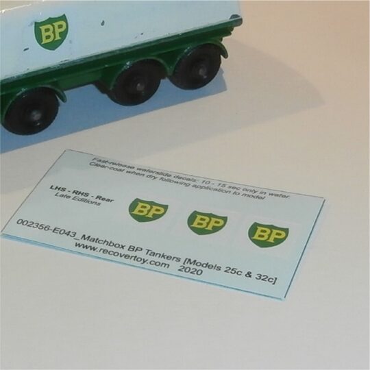 Matchbox Lesney 25c Bedford 32c Leyland Tanker Later BP Square Decal Set