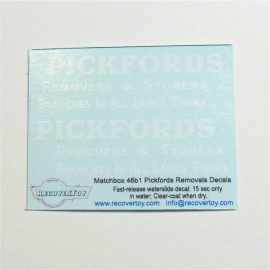 Matchbox Lesney 46 b1 Pickfords Removals Guy Van Pre-cut Decal Set