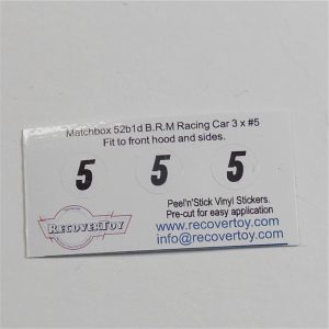 Matchbox Lesney 52 b1 B.R.M Racing Car RN#5 Pre-cut Sticker Set
