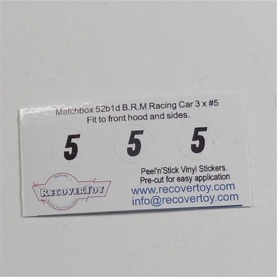 Matchbox Lesney 52 b1 B.R.M Racing Car RN#5 Pre-cut Sticker Set