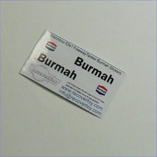 Matchbox Lesney 63e1 Freeway Gas Tanker Burmah Petrol Sticker Set