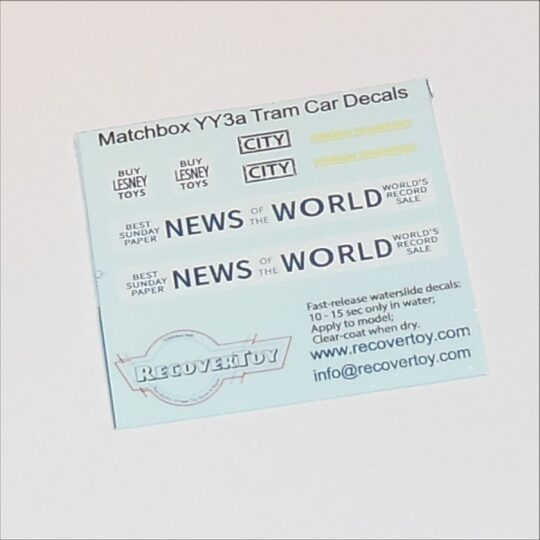 Matchbox Yesteryear 3a 1907 E Class Tram News of the World Decal Set