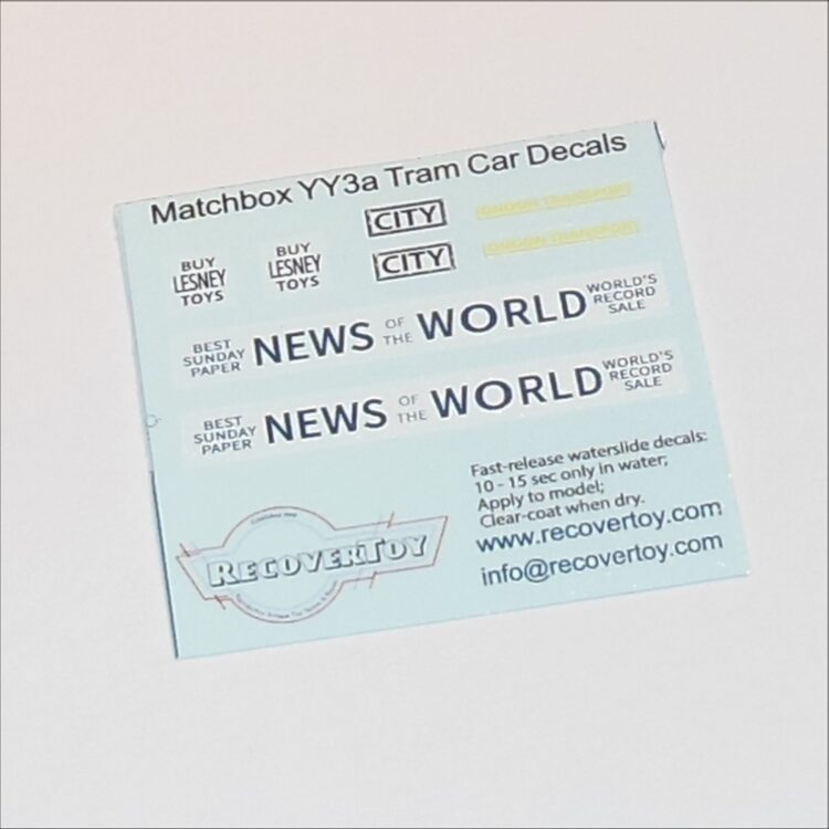 Matchbox Yesteryear 3a 1907 E Class Tram News of the World Decal Set