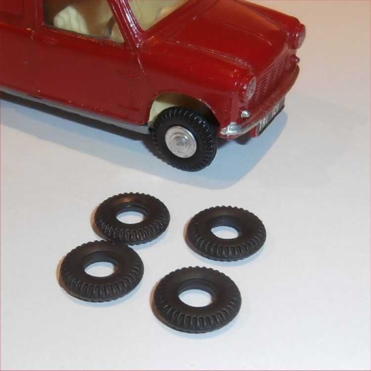 Tri-ang Spot-On 12mm Morris Mini Small Car Tires Set of 4 Black Tyres Pack #30