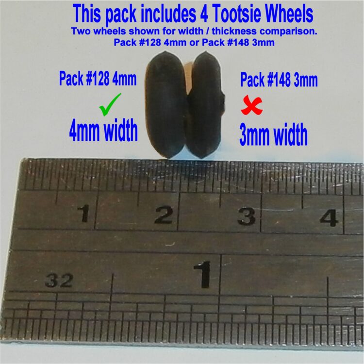 Tootsie Toys 14mm Rubber Wheel 4mm Wide Black Set of 4 Tyres Pack #128