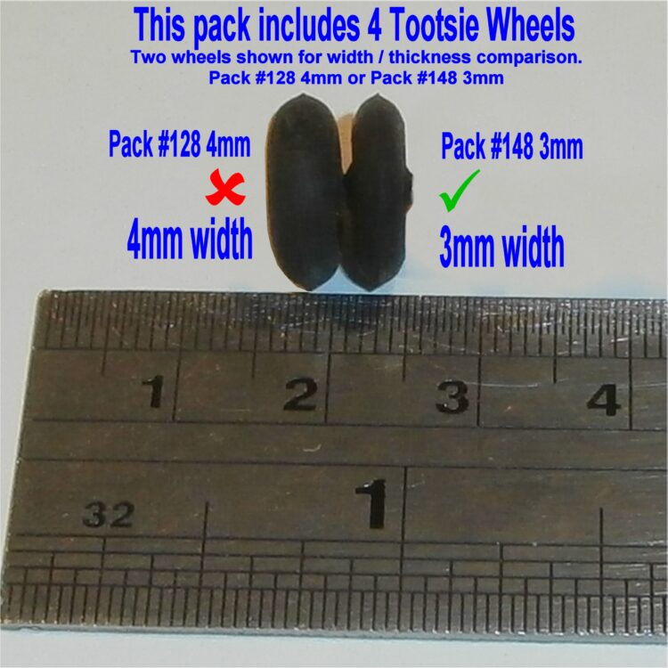 Tootsie Toys 14mm Rubber Wheel 3mm Wide Black Set of 4 Tyres Pack #148